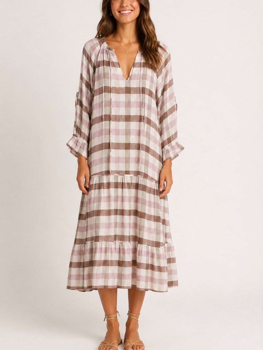 Mixed Boho Plaid V-Neck Long Sleeve Ruffle Cuffs Maxi Dress Size 6